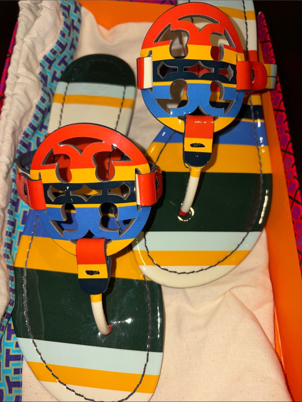 Tory Burch Multicolor Striped Logo Thong Sandals
